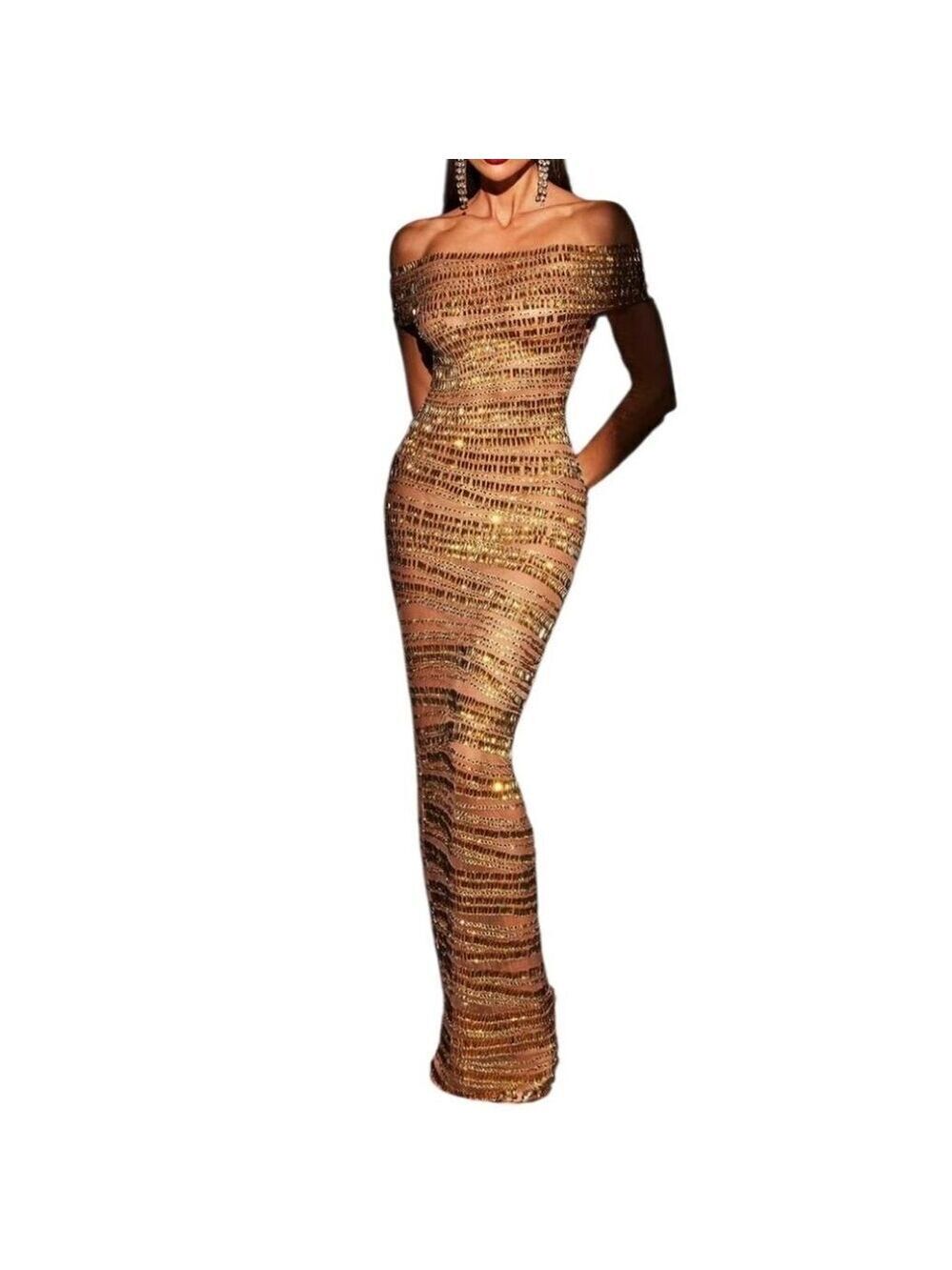 NWT Mew Mews Eryx Off Shoulder Rhinestone Mesh Maxi Dress Sz XL